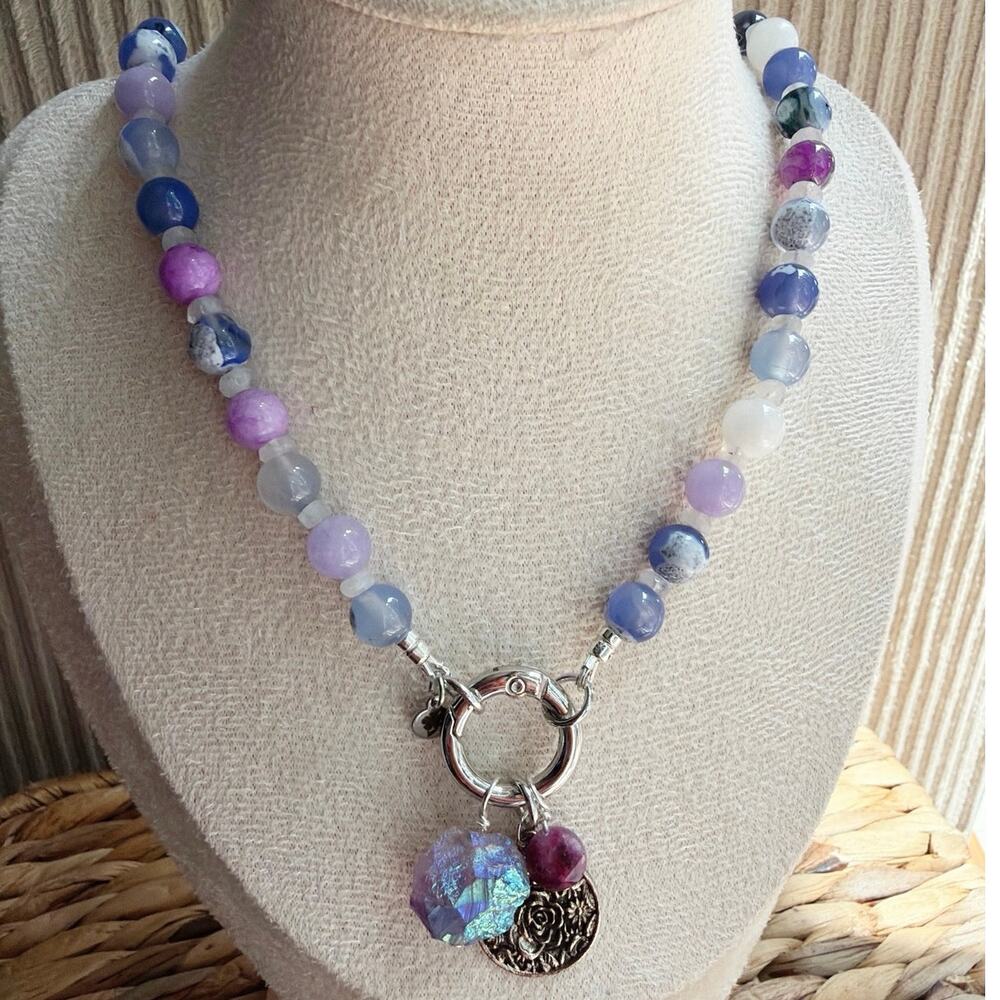 19" Gemstone Necklace, White Jade, Rainbow Moonstone, Agate, Solar Quartz, Charm